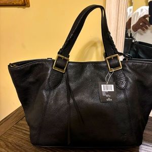 NEW with Tags  FRYE Caelan Satchel Cognac Black Leather Tote
